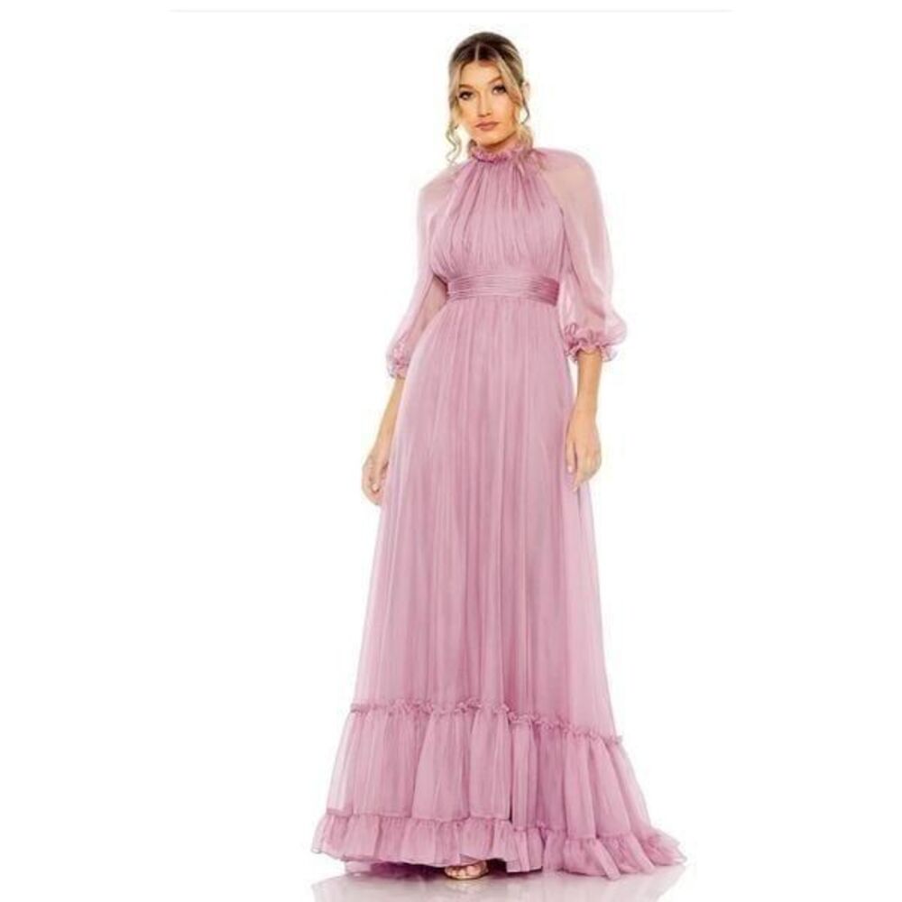 Mac Duggal CHIFFON RUCHED ILLUSION RAGLAN SLEEVE RUFFLED GOWN